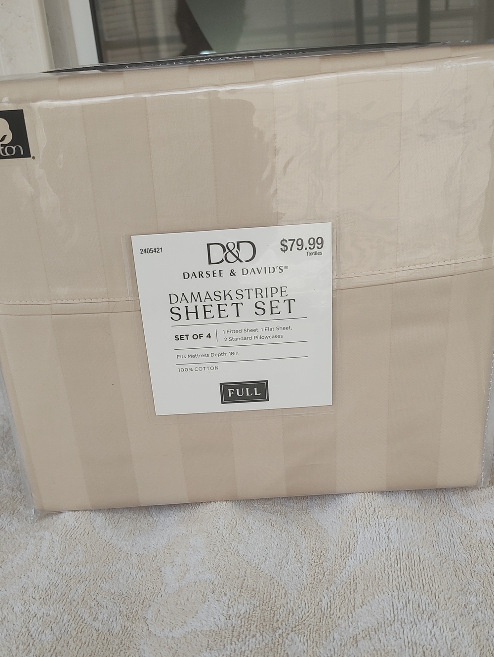 D&D Damask Stripe Sheet Set in Cream - Full